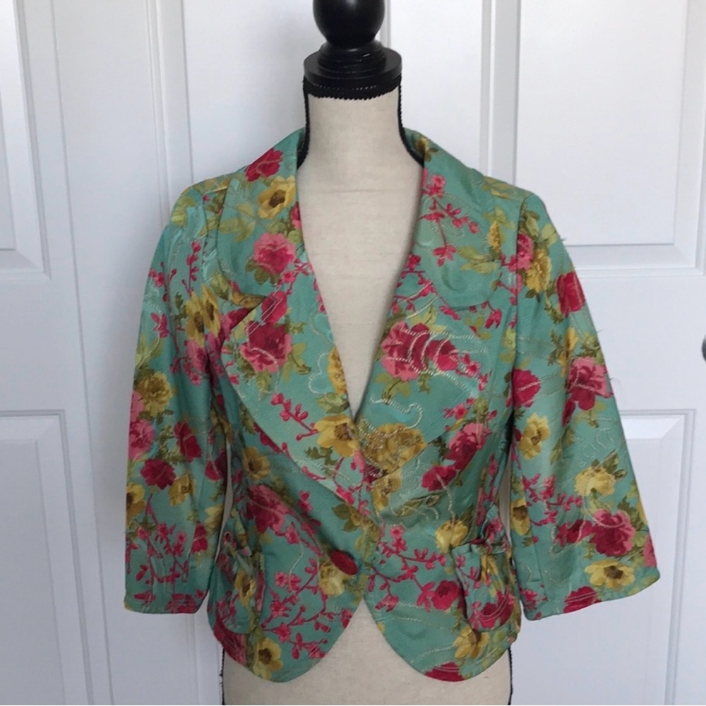Yoana Baraschi Turquoise Floral Short Blazer with Pink and Yellow Blooms